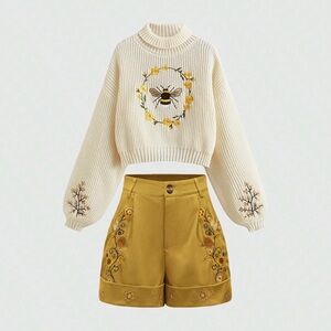 “Ivory Bloom Embroidered Sweater & Floral Loose Cuff Shorts” - STYLE A